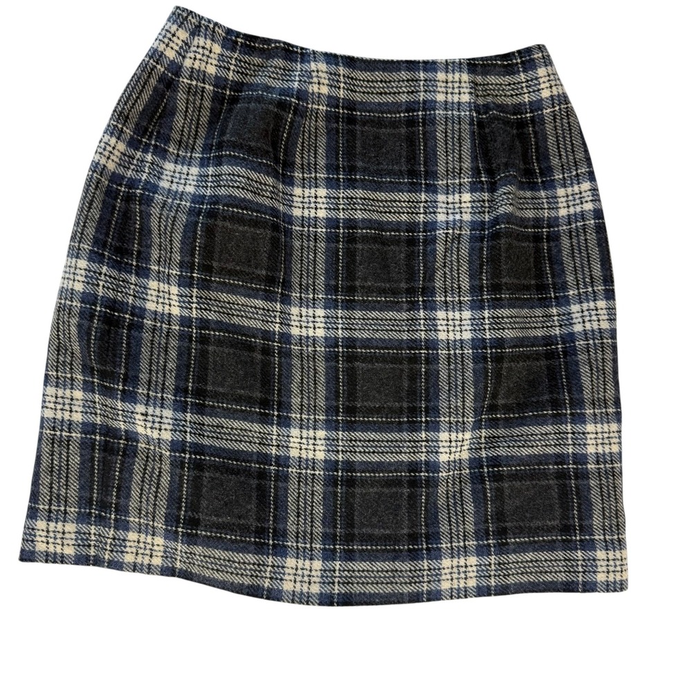 Herman Geist Grey Navy Plaid Wool Blend Wrap Mini Skirt Size 4P Petite Vintage - Picture 3 of 6